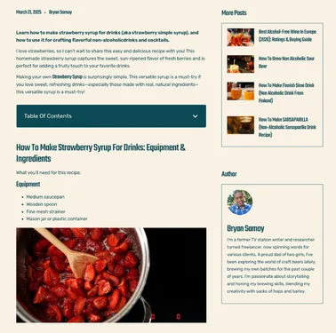 Screenshot der AlcoFreeBrew Website mit Fokus auf das Logo-Design und die redaktionellen Artikel über alkoholfreie Getränke.