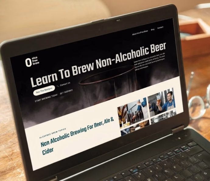 Ein geöffneter Laptop auf einem Holztisch zeigt das moderne, redaktionelle Webdesign von AlcoFreeBrew mit der Überschrift „Learn To Brew Non-Alcoholic Beer“ und stimmungsvollen Brauerei-Fotografien.