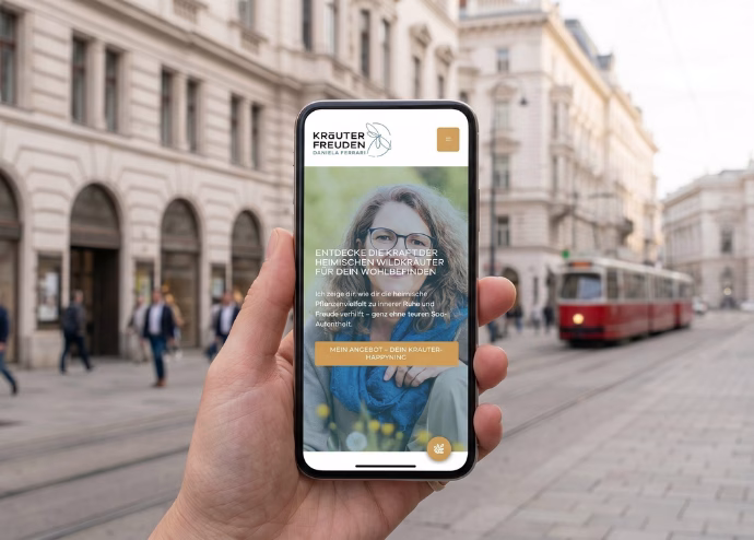 Eine Hand hält ein Smartphone mit der mobilen Website von Kräuter Freuden vor einer Wiener Straßenszene mit historischer Architektur und einer roten Straßenbahn im Hintergrund.