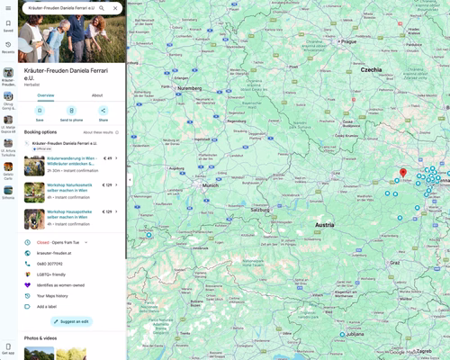 Google Maps Übersicht für 'Kräuter-Freuden Daniela Ferrari e.U.', einem Dienstleister für Kräuterwanderungen, mit hervorgehobenem Einzugsgebiet rund um Wien auf der Landkarte.