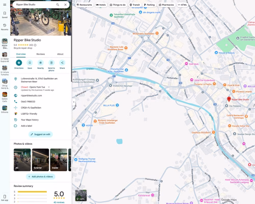 Google Maps Ansicht des Unternehmensprofils von 'Ripper Bike Studio', einer lokalen Fahrradwerkstatt, mit sichtbaren Bewertungen, Standort auf der Karte und Bildern vom Geschäft.