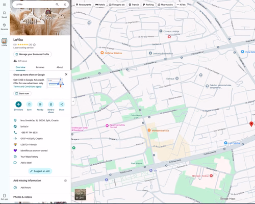 Ein Google Maps Eintrag für 'LoVita', einen Anbieter für Lasergravuren, der zeigt, wie handwerkliche Dienstleistungen lokal auf der Karte präsentiert werden.
