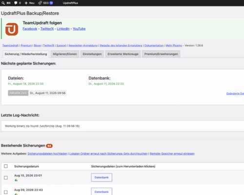 UpdraftPlus Dashboard in WordPress zeigt geplante automatische Datenbanksicherungen und Backup-Verlauf im Rahmen der Wartung von Lumios & Co